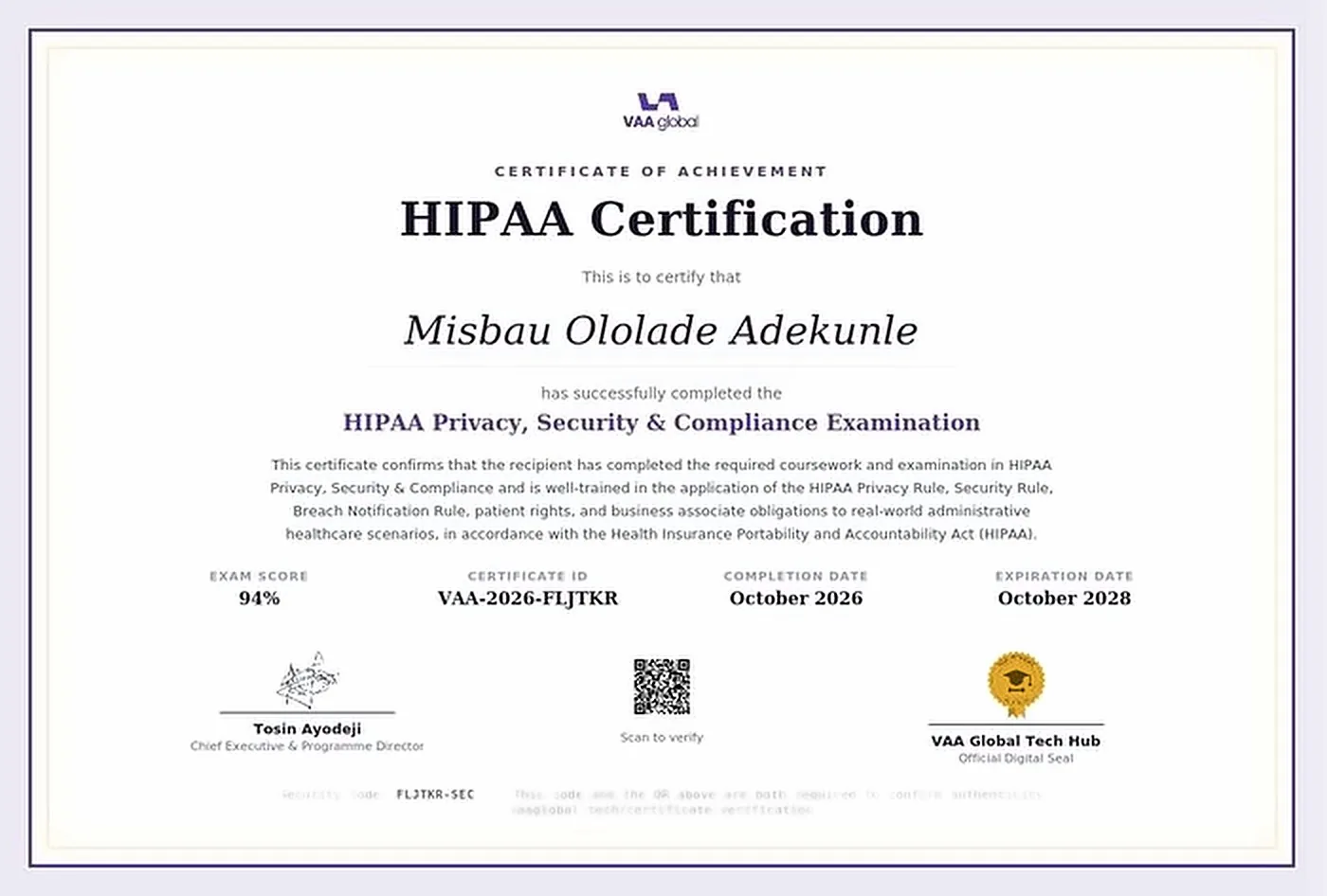 Sample HIPAA certificate